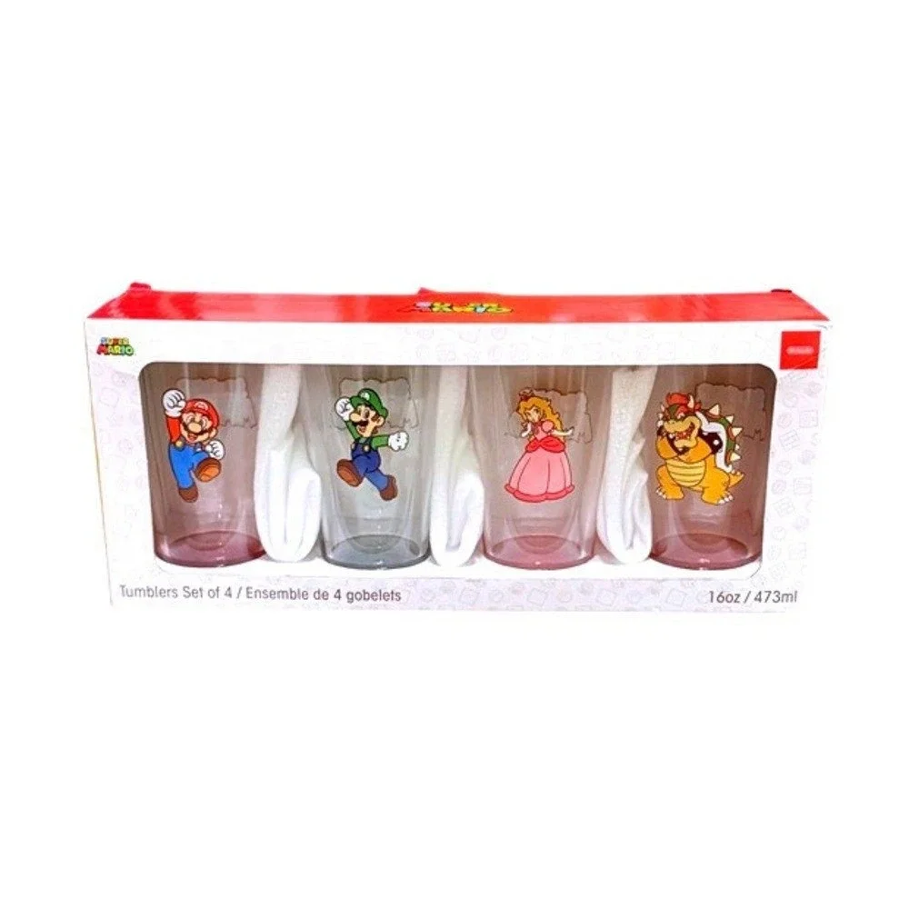 Nintendo Super Mario Set of 4 Glass Tumblers 16oz Mario Luigi Peach Bowser NIB